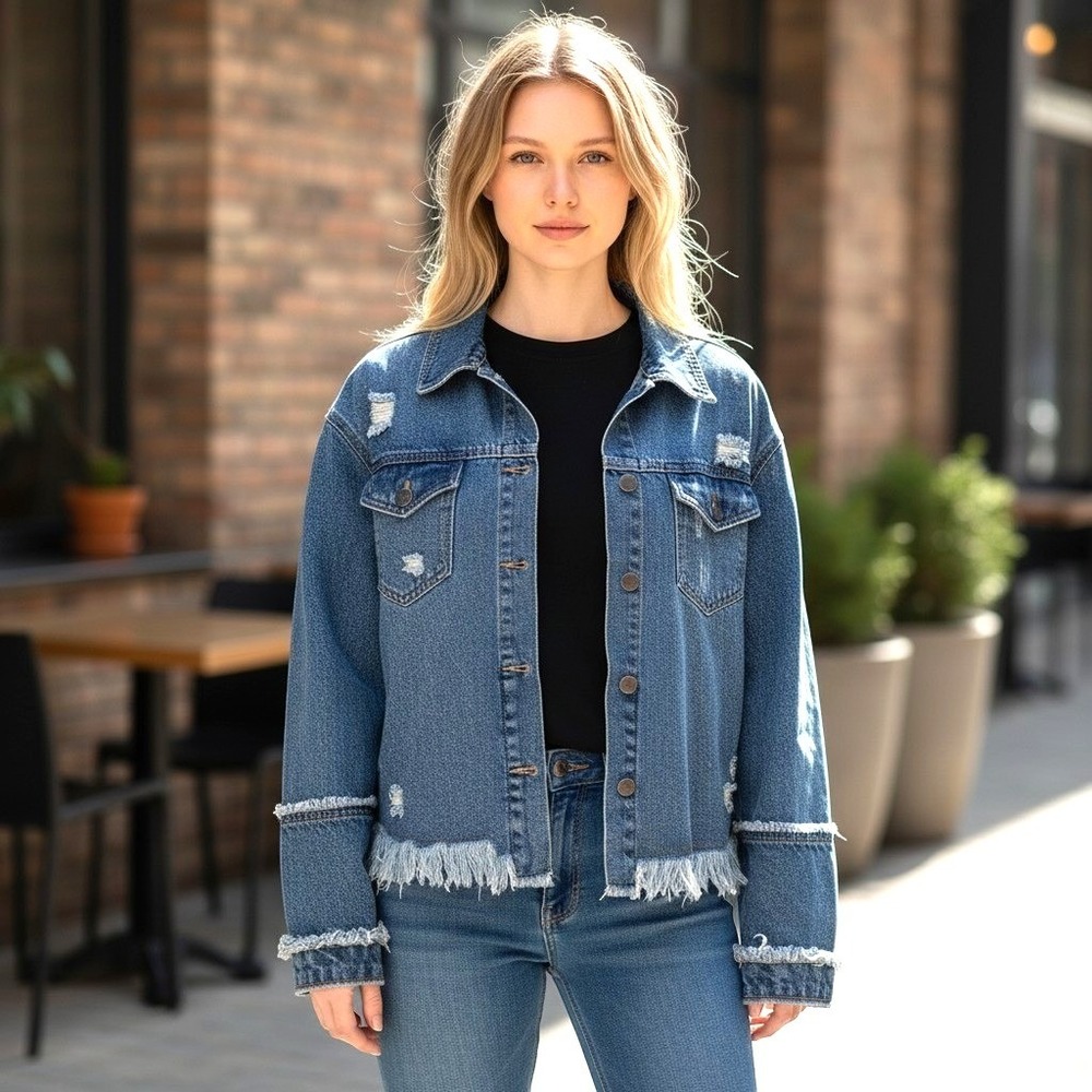 For The Republic Distressed Denim Jacket M Medium Wash Frayed Raw Hem Trucker